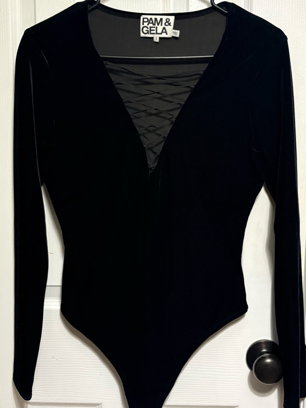 Pam & Gela Black Velvet Long-Sleeve V-Neck Bodysuit with Lattice Inset